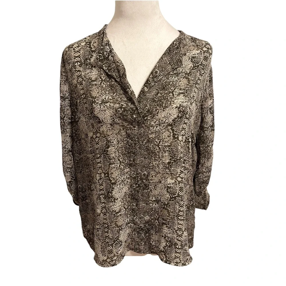 DR2 small animal snake print blouse roll tab sleeve tunic green brown office‎
